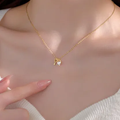 INS3108-925 Sterling Silver Heart Key Necklaces for Women Pink CZ Pendant Necklace Dainty Mother Daughter Friendship Necklace Adjustable Chain 15.75"+197" Back to School Jewelry Christmas Gifts for Her