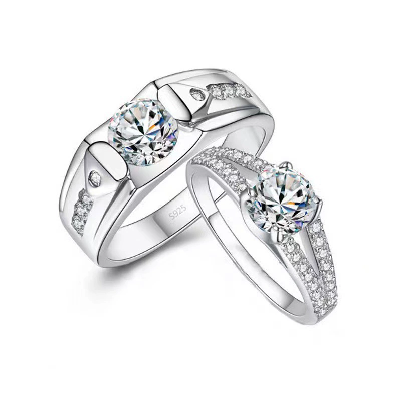 INS1240-2pcs 18k White Gold Plated Promise Rings for Couples, White CZ Rhinestone Halo Diamond Cut Adjustable Matching Rings for Couples