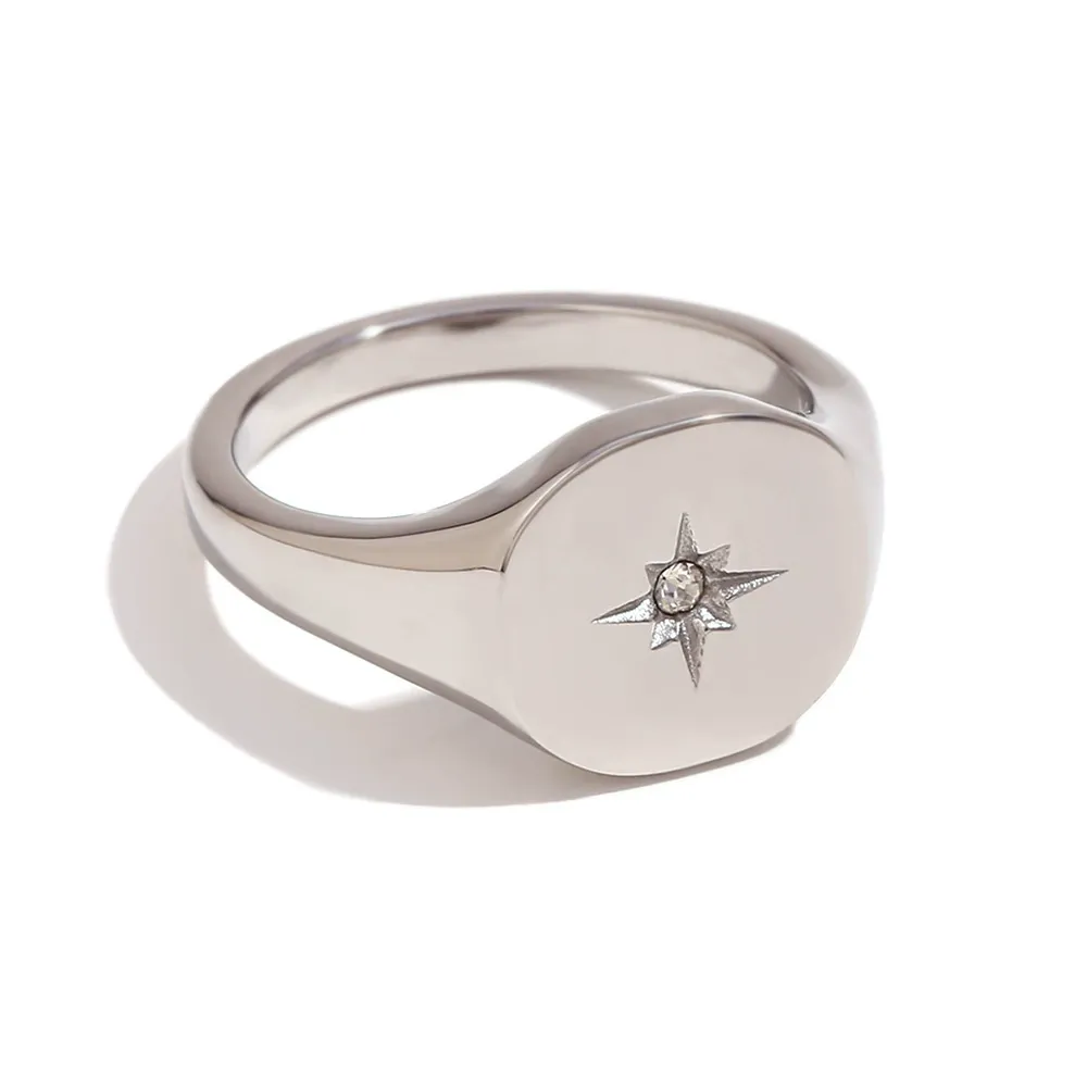 INS1262-PAVOI 14K Gold Plated Engraved Signet Ring with North Star | Lightweight Thick Statement Rings for Women | Everyday Jewelry
