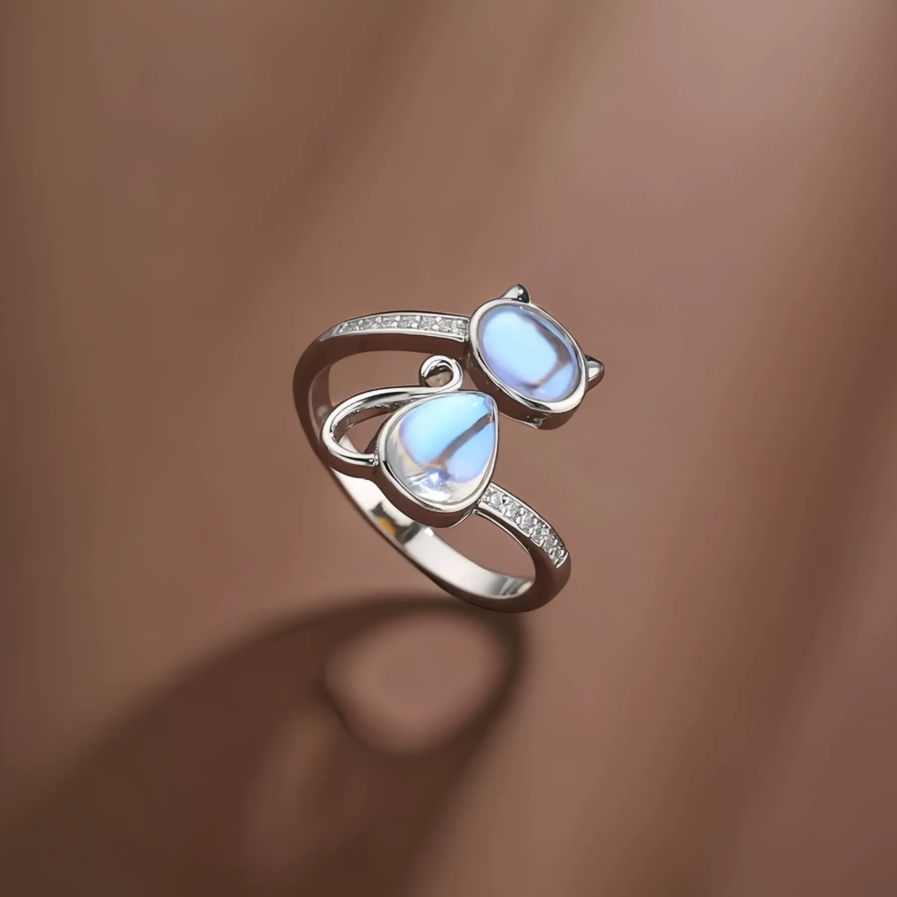 INS1067-OIDIMS Cute Moonstone Cat Ring for Women Dainty CZ Crystal Wrap Finger Band Lovely Kitten Cats Animals Open Adjustable Rings Fashion Comfort Fit Stacking Jewelry Pet Lovers Niece Daughter