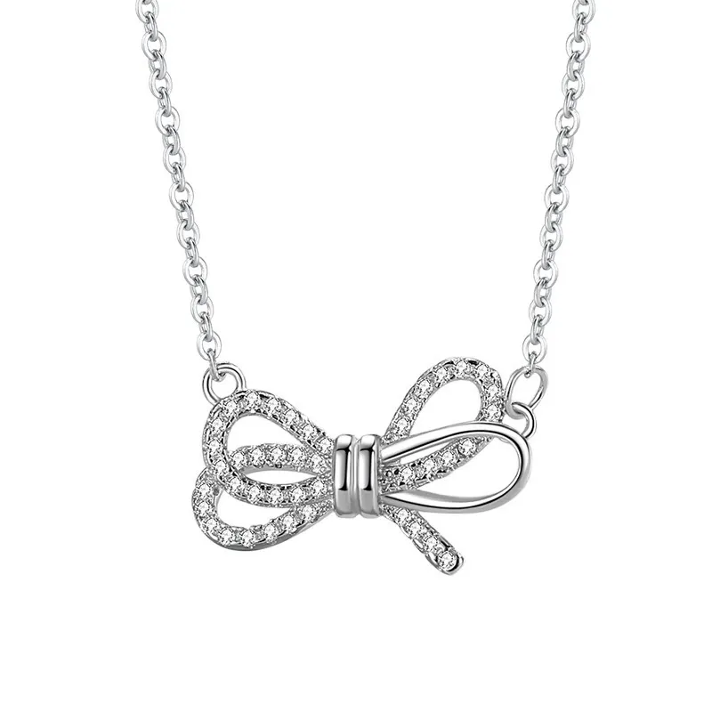 INS3282-Divine Deco Sterling Silver Crystal Bow Pendant Necklace with Chain, Cubic Zirconia Pave