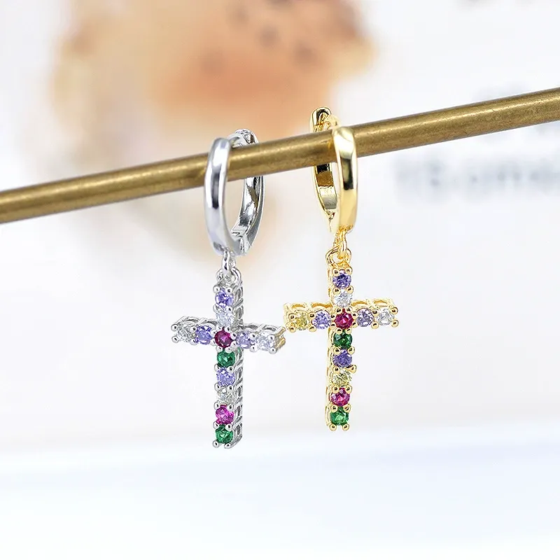 INS2410-Dainty Cross Colorful CZ Huggie Small Hoop Earrings Dangle Drop for Women Cartilage Boho Minimalist Sterling Silver Post 14K Gold Filled Rainbow Cross Charm Hoops Hypoallergenic Fashion Jewelry Gift-Gold