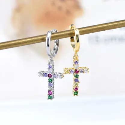 INS2410-Dainty Cross Colorful CZ Huggie Small Hoop Earrings Dangle Drop for Women Cartilage Boho Minimalist Sterling Silver Post 14K Gold Filled Rainbow Cross Charm Hoops Hypoallergenic Fashion Jewelry Gift-Gold