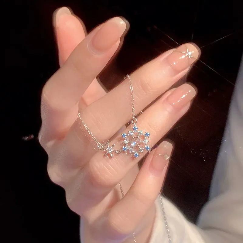 INS3258-Japan and South Korea Necklace Women's Design Snowflake Collarbone Chain All-Match Moonstone Silver