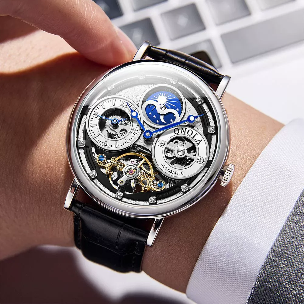 W-1014-IK COLOURING Mens Luxury Skeleton Automatic Mechanical Wrist Watches Leather Moon Phrase Luminous Hands Self-Wind Watch,Tourbillon Automatic Waterproof Wrist Watch for Men Gift-Men