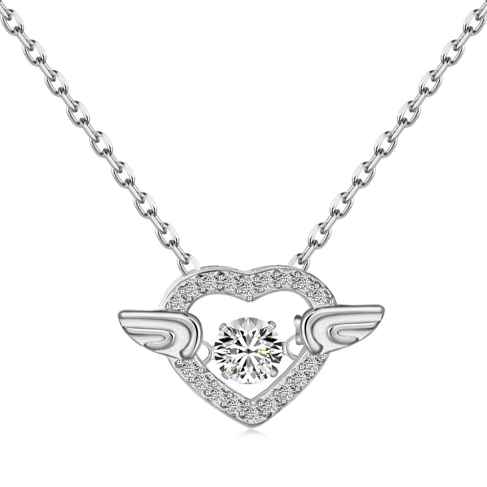 INS3179-925 Sterling Silver 1-3 CTTW Cubic Zirconia Necklace for Women, Snowflake or Angel Wing Necklace, Dancing Diamond Design, CZ Heart Necklace