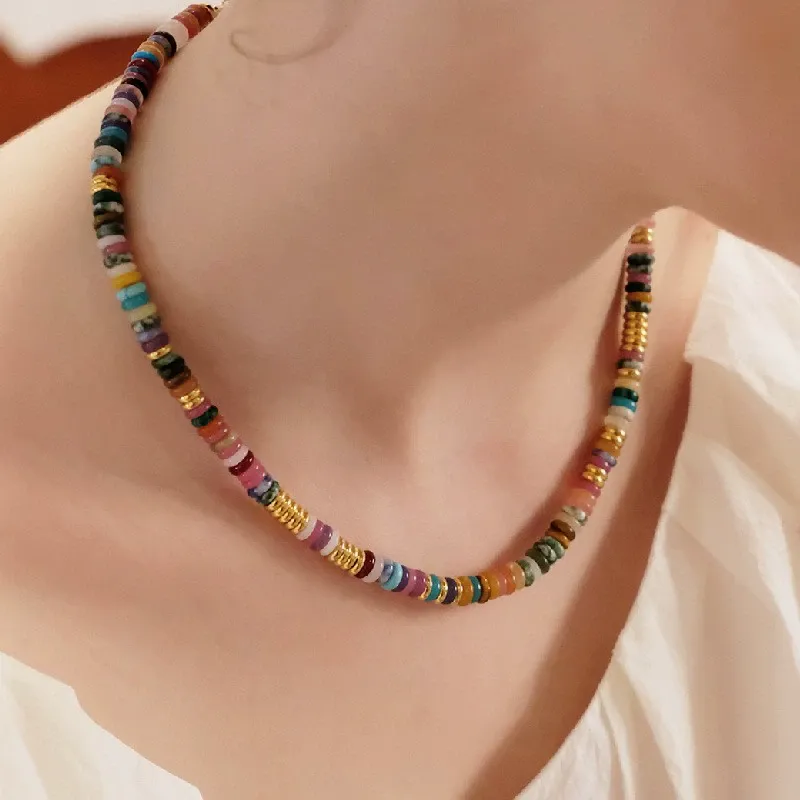 INS3034-Beaded Necklace for Women, Colorful Boho Beach Handmade Bead Choker, 14K Gold Plated Stackable Bohemian Multicolor Natural Stone Necklace