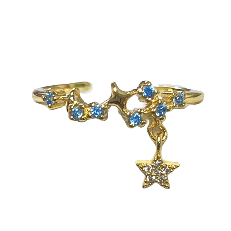 INS1213-Dainty CZ Dangle Star chain Ring S925 Sterling Silver for Women Cubic Zirconia diamond Adjustable Statement Wedding Engagement Anniversary Rings Eternity Finger Band Dainty Jewelry Gifts for Her BFF