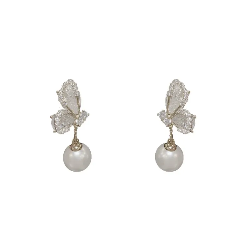 INS2187-Bohemian Crystal Butterfly Dangle Earrings White Round Pearl Drop Earrings Cz Butterfly Stud Earrings Rhinestone Butterfly Pearl Earrings Jewelry for Women Gifts(Blue)