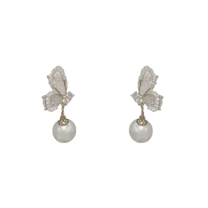 INS2187-Bohemian Crystal Butterfly Dangle Earrings White Round Pearl Drop Earrings Cz Butterfly Stud Earrings Rhinestone Butterfly Pearl Earrings Jewelry for Women Gifts(Blue)