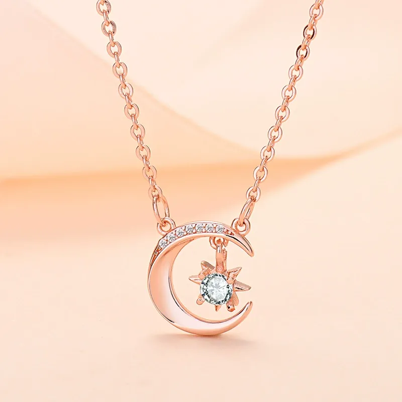 INS3174-SISGEM 14k Rose Gold Moon Necklace for Women, Real Gold Moon and North Star Pendant with Chain, Jewelry Gifts for Her, 16+1+1 Inch
