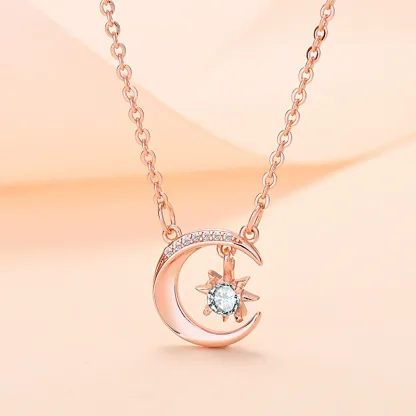 INS3174-SISGEM 14k Rose Gold Moon Necklace for Women, Real Gold Moon and North Star Pendant with Chain, Jewelry Gifts for Her, 16+1+1 Inch