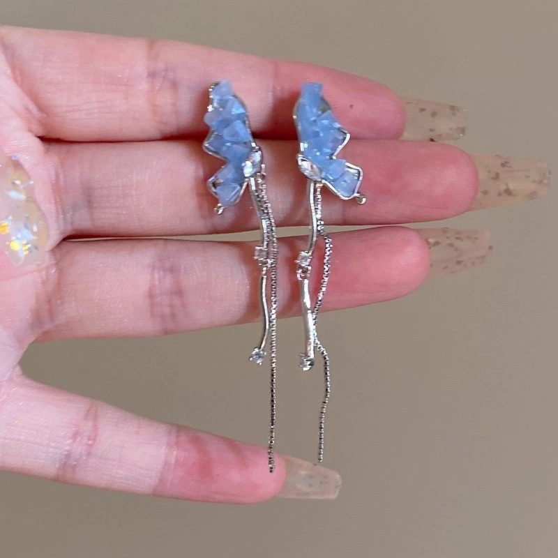 INS2143-Crystal Butterfly Stud Earrings - Long Tassel Chain Dangle Earrings - Fairy Earrings - Dainty Jewelry Gifts