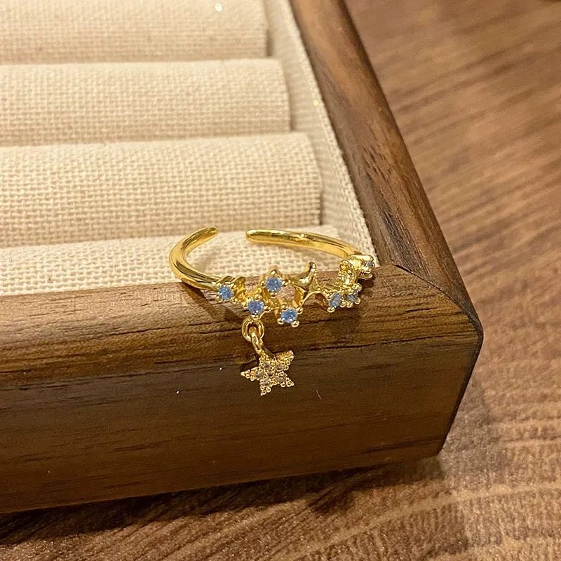 INS1213-Dainty CZ Dangle Star chain Ring S925 Sterling Silver for Women Cubic Zirconia diamond Adjustable Statement Wedding Engagement Anniversary Rings Eternity Finger Band Dainty Jewelry Gifts for Her BFF