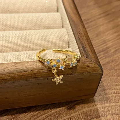 INS1213-Dainty CZ Dangle Star chain Ring S925 Sterling Silver for Women Cubic Zirconia diamond Adjustable Statement Wedding Engagement Anniversary Rings Eternity Finger Band Dainty Jewelry Gifts for Her BFF