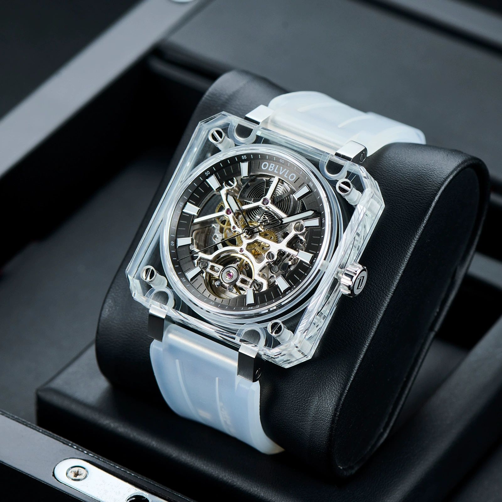 W-2012-Luxury Skeleton Watch, Square Crystal Case, Green Dial, Sapphire Glass and Bottom, Automatic Movement, White Silicone Band-Women