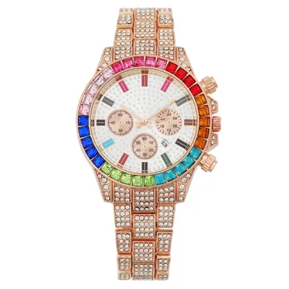 W-2052-Apzzic Iced Out Colorful Full Diamond Watch CZ Gold Plated Fashion Quartz Analog Band Bracelet Wrist Watch for Men Women
