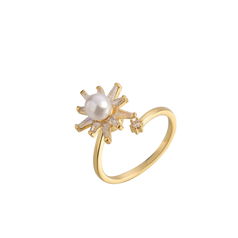 INS1263-Ring 14k Solid Yellow Gold Star Burst Ring with Natural 0.058 carats Sparkling 0.75mm White Diamonds Round Shaped in Prong Setting Ideal Gift for Women Girl