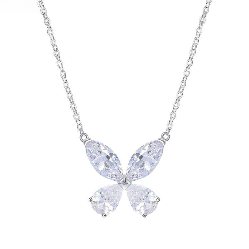 INS3061-Gemstone Sterling Silver Necklace for Women, 18K Gold Plated Jewelry, Diamond Four-Leaf Flower Zirconia, Round Zirconia Necklace