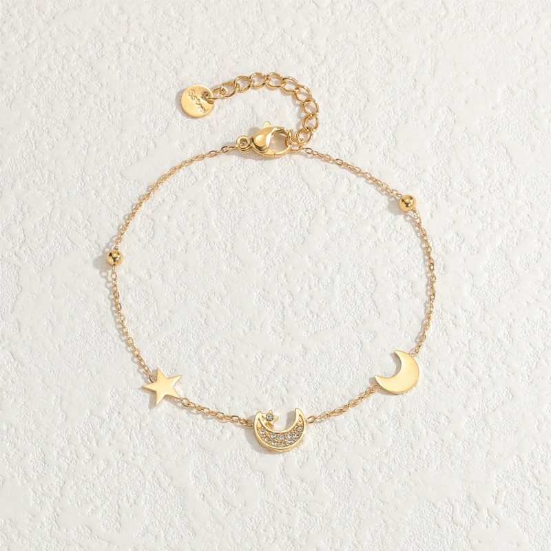 INS4095-YDD 14k Solid Gold Star Moon Bracelet for Women - Star & Moon Bracelet Gifts for Birthday & Christmas - 6.5''-8.5''