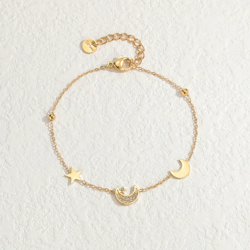 INS4095-YDD 14k Solid Gold Star Moon Bracelet for Women - Star & Moon Bracelet Gifts for Birthday & Christmas - 6.5''-8.5''