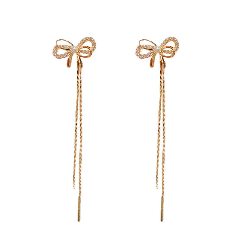 INS2175-Gold Bow Drop Earrings for Women - Trendy Ribbon Dangle Earrings, Hypoallergenic Formal Jewelry Gift