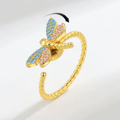 INS1188-Cute Dragonfly Spinner Fidget Ring for Women Fashion Chic Statement Crystal Cubic Zirconia Pink Blue Anxiety Rotate Freely Inspirations Jewelry Adjustable Stacking Ring Dainty Engagement Gift Birthday