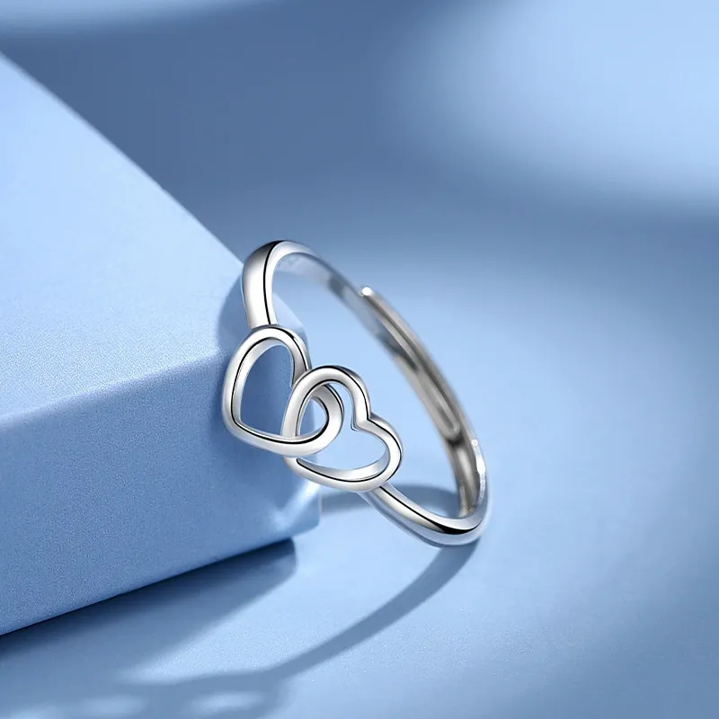INS1220-LeCalla 925 Sterling Silver Open Love Heart Knot Stackable Rings | Interlocking Double Heart Ring for Women Gift for Her (Ring Size - 7 No.)