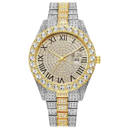 W-2053-OIDEAMen's Rhinestone Diamond Watch: Luxury Roman Numeral Quartz Analog Watches for Men Waterproof Date Wrist Watch Business Casual Dress Watch Iced Out Watch