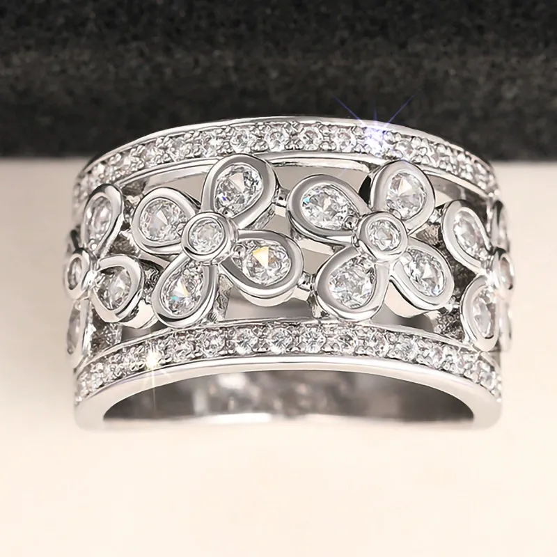 INS1236-Cubic Zirconia Rings For Women, Silver Flower Ring Trendy Delicate Copper Non Tarnish Stackable Birthday Jewelry Love Gift Engagement