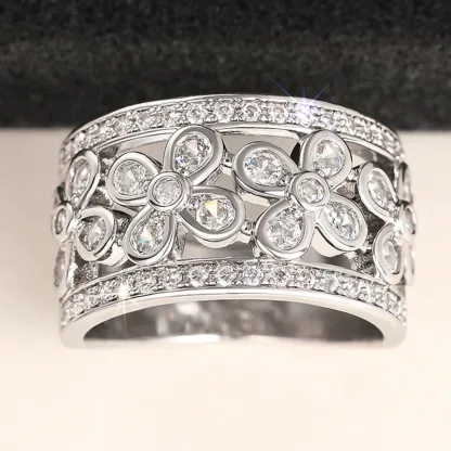 INS1236-Cubic Zirconia Rings For Women, Silver Flower Ring Trendy Delicate Copper Non Tarnish Stackable Birthday Jewelry Love Gift Engagement