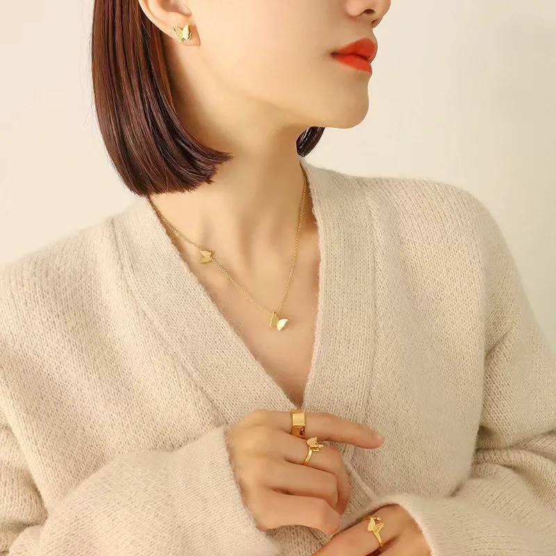 INS3010-18K Yellow Gold-Filled Butterfly Necklace and Earrings Set for Women, 18" Pendant Chain, Non-Tarnish Jewelry, Birthday, Anniversary, Mother’s Day Gift