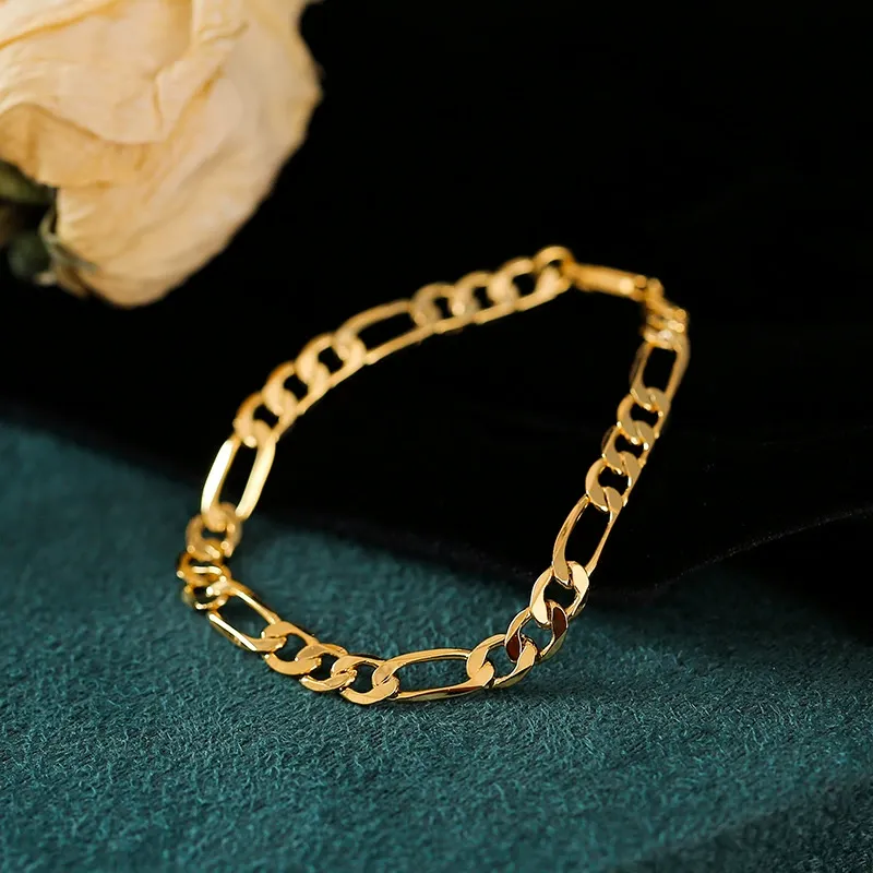 INS4044-Bracelet Real 10K Yellow Gold Hollow Figaro Women 3.5mm, 7" to 10"