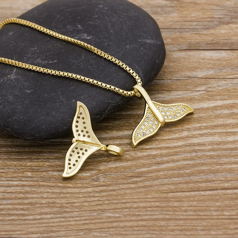 INS3028-Moissanite Whale Fish Tail Pendant Nautical Mermaid Ocean Necklace for Women 14k Gold Plated 925 Sterling Silver (Color D, VVS1)
