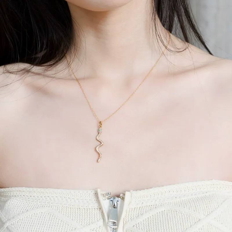 INS3193-Nova&Aria Snake Necklace Sterling Silver 14k Yellow Gold Plated Necklace with Green Emerald Serpent Ring Gift for Women/Men