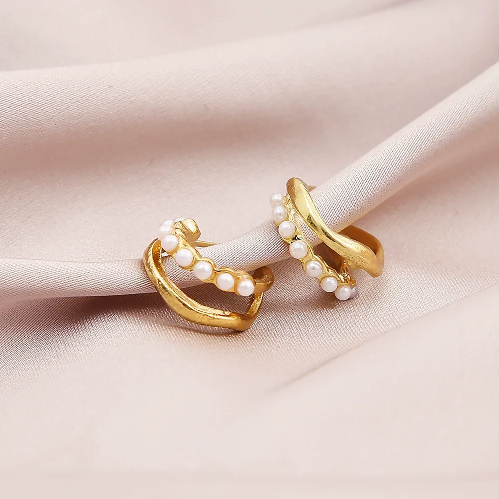 INS2144-2Pcs Chunky Gold Hoop Earrings for Women Dainty 18K Gold Huggie Hoops Earrings Double Piercing Pearl CZ Statement Earrings Trendy Jewelry Gifts