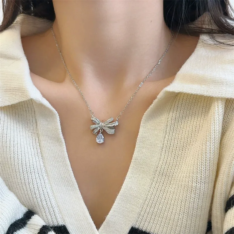 INS3276-Women's Teardrop Moissanite Necklace, 925 Sterling Silver Chokers Pendant + Chain Jewellery Gifts for Girlfriend Wife Mum Her Birthday Mothers Day Anniversary Valentines Gift 0.5-3 CTTW