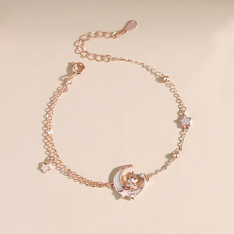 INS4082-YDD 14k Solid Gold Star Moon Bracelet for Women - Star & Moon Bracelet Gifts for Birthday & Christmas - 6.5''-8.5''