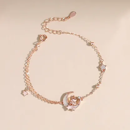 INS4082-YDD 14k Solid Gold Star Moon Bracelet for Women - Star & Moon Bracelet Gifts for Birthday & Christmas - 6.5''-8.5''