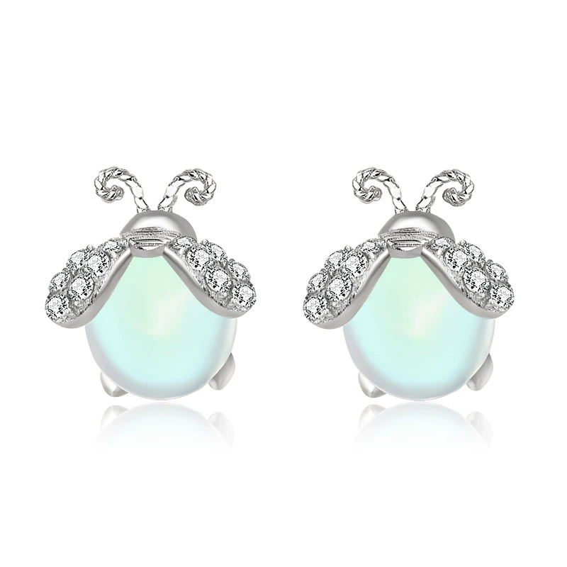 INS2257-Carol&Allen 925 Sterling Silver Stud Earrings Firefly Inlaid Moonstone Cubic Zirconia Glittering Shiny
