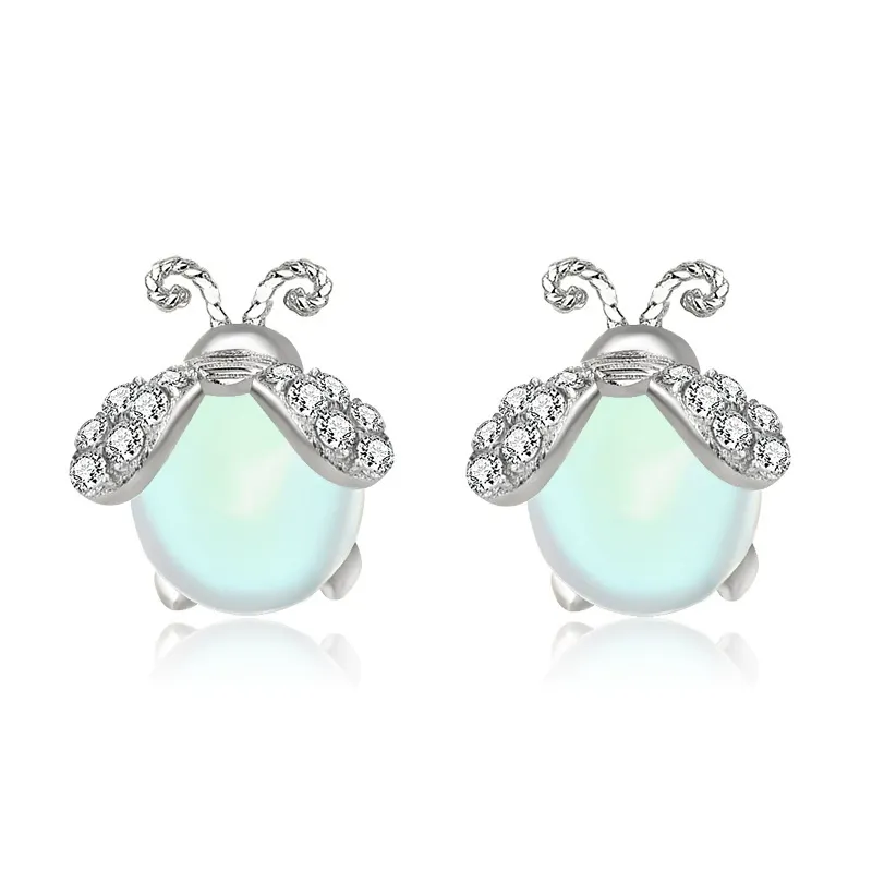 INS2257-Carol&Allen 925 Sterling Silver Stud Earrings Firefly Inlaid Moonstone Cubic Zirconia Glittering Shiny