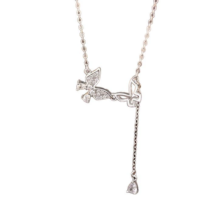 INS3046-Silver Camellia Flower Necklace Y Chain Wedding Party Full Zircon Elegant Rose, Star, Butterfly Pendant for Women Gift