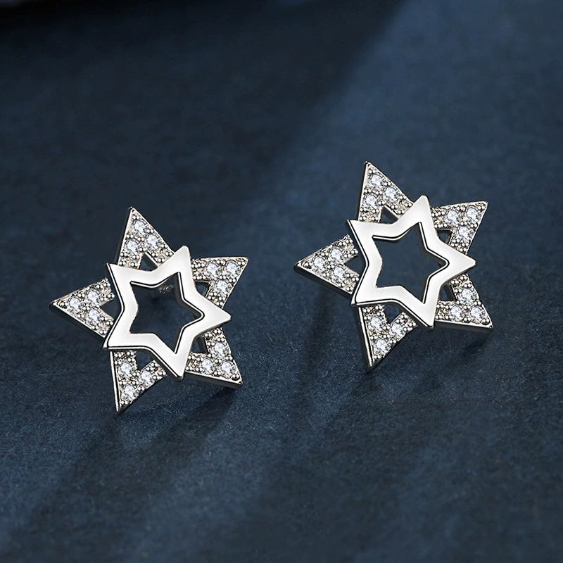 INS2013-Sterling Silver Star Stud Earrings - Hypoallergenic Two-Tone Star-Shaped Earrings for Women Cubic Zirconia Lightweight Stars Post Earrings for Sensitive Ears Gifts for Birthday Christmas