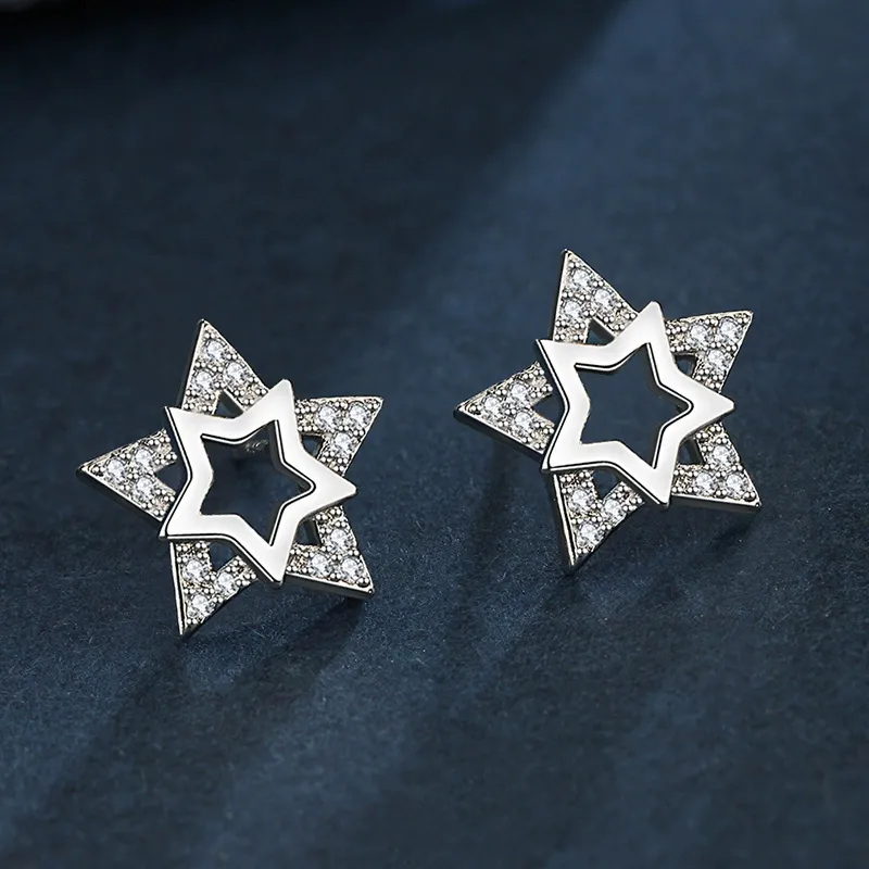 INS2013-Sterling Silver Star Stud Earrings - Hypoallergenic Two-Tone Star-Shaped Earrings for Women Cubic Zirconia Lightweight Stars Post Earrings for Sensitive Ears Gifts for Birthday Christmas