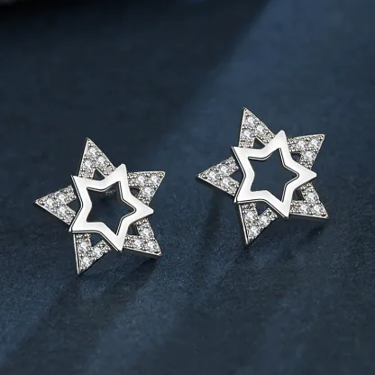 INS2013-Sterling Silver Star Stud Earrings - Hypoallergenic Two-Tone Star-Shaped Earrings for Women Cubic Zirconia Lightweight Stars Post Earrings for Sensitive Ears Gifts for Birthday Christmas