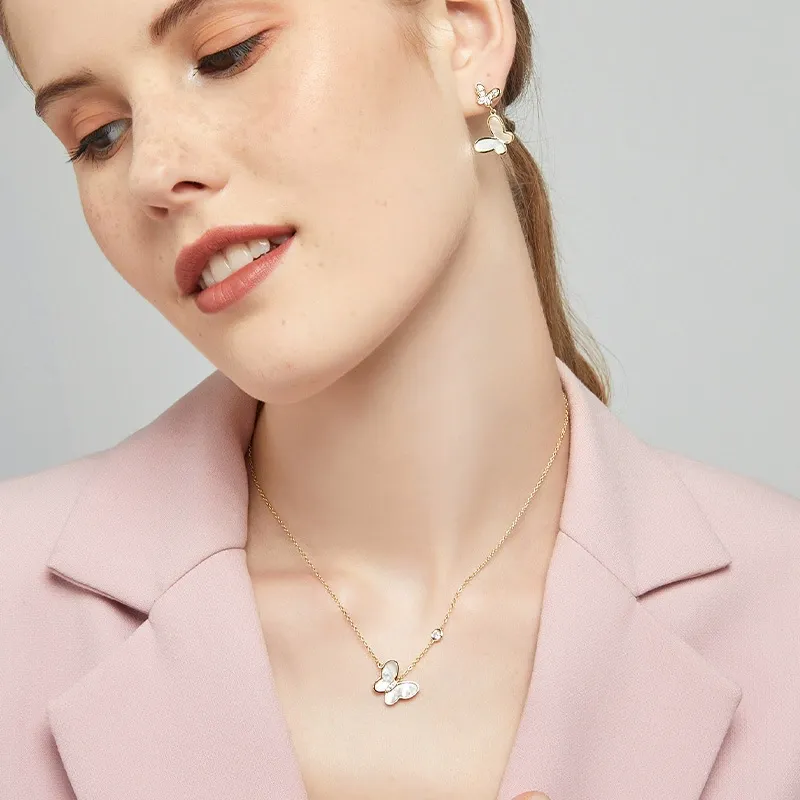 INS2386-S925 Silver Plated White Butterfly Earrings for Women Contain No Nickel Hypoallergenic Fashion Beautiful Birthday Gift Daily Wear