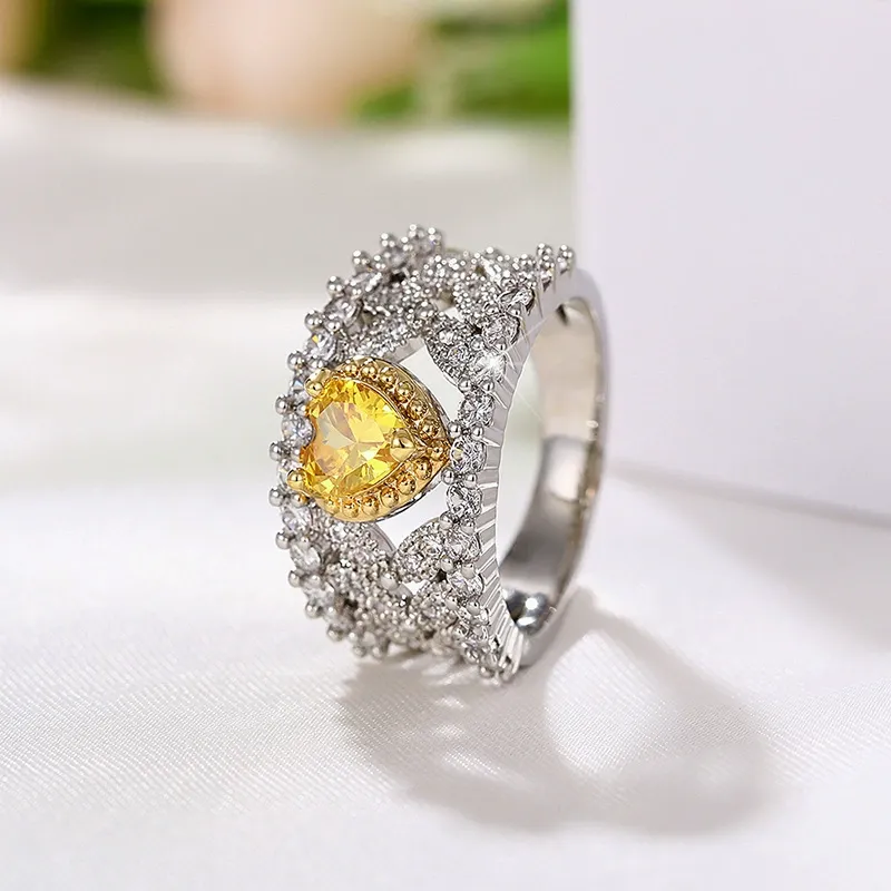 INS1162-925 Sterling Silver Shiny Full Diamond Gemstone Ring 18K Gold Heart Citrine Cubic Zirconia Promise Rings CZ Diamond Multi Row Rings Eternity Engagement Wedding Party Ring for Women A.32 (US Code 10)