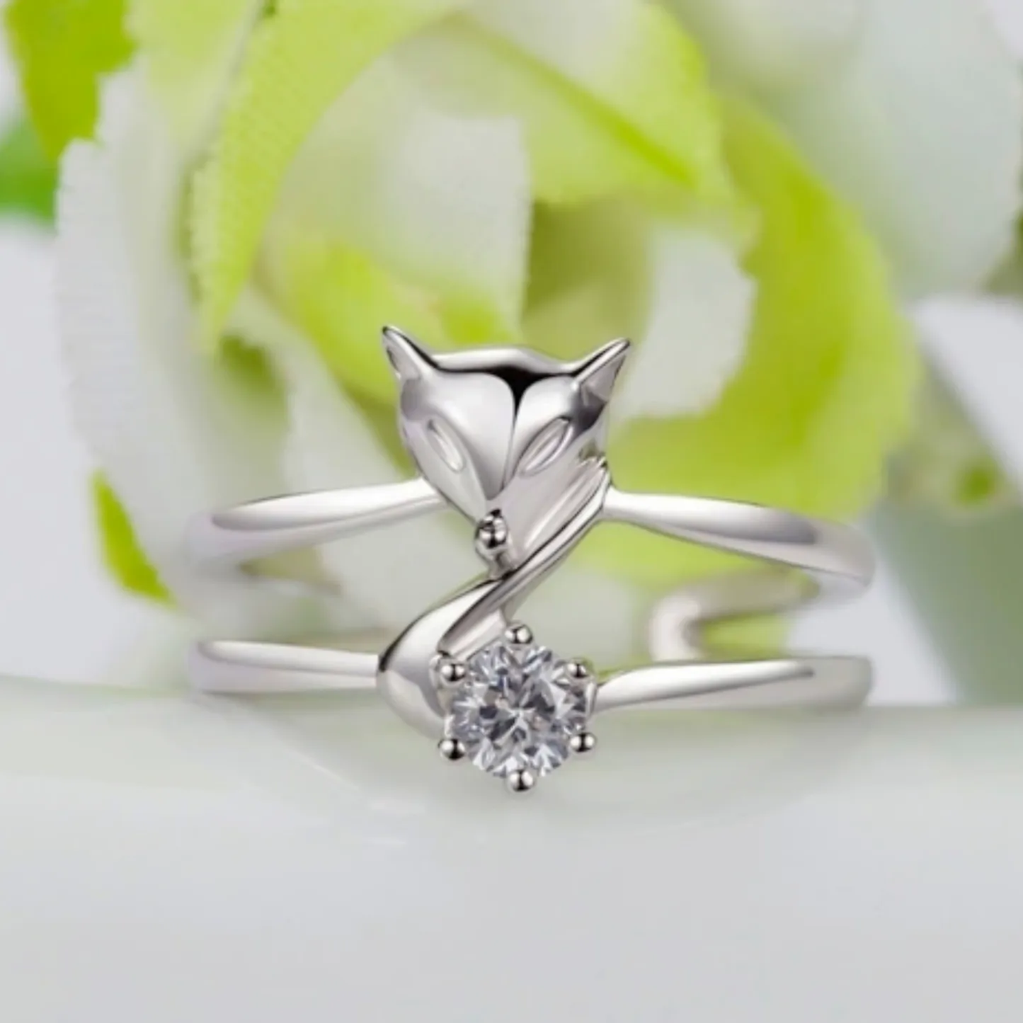 INS1147-Lzz Plated 925 Silver Ring Fox Ring Cute Animal Adjustable Crystal Ring Inlaid White Cubic Zirconia Ring