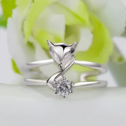 INS1147-Lzz Plated 925 Silver Ring Fox Ring Cute Animal Adjustable Crystal Ring Inlaid White Cubic Zirconia Ring