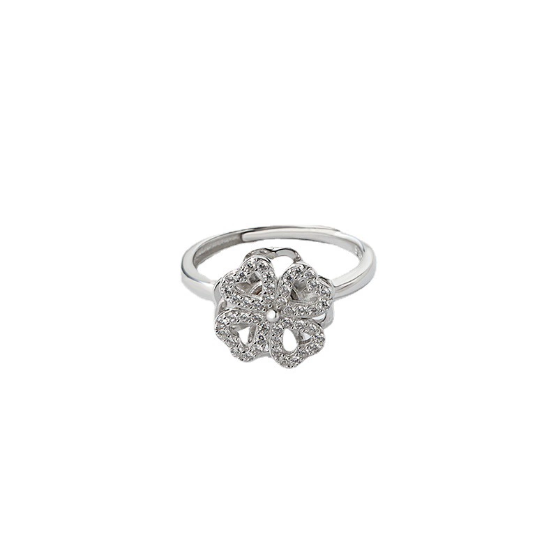 INS1155-Four-Leaf Clover Spinner Rings Anxiety Fidget Ring for Anxiety Sterling Silver Plated Cubic Zirconia Flower Ring Relieving Stress Open Stacking Finger Calming Gifts Birthday Daughter Fashion Promise Engagement Statement Jewelry St Patrick's Day